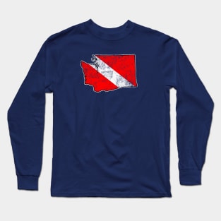 Vintage Dive Washington Scuba Diving State Map Dive Flag Distressed Long Sleeve T-Shirt